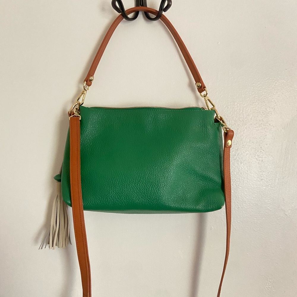 Green Leather Crossbody Bag with Tan Straps